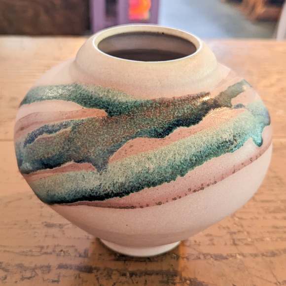 Charles Focht Tucson Southwest Pink/Blue Studio Art Pottery Gourd Vase Unsigned - Picture 6 of 11